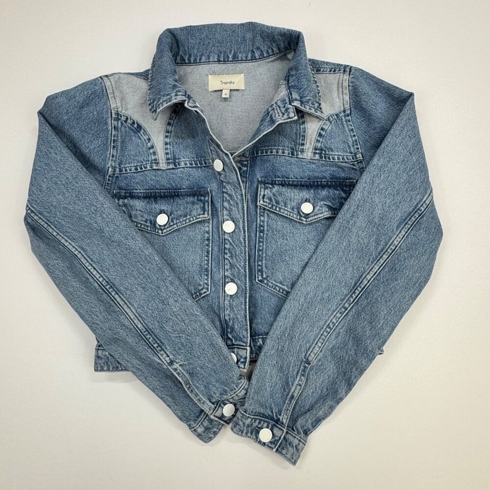 Triarchy Reverse Stirrup Denim Jacket Size Small Two Tone Cropped - Picture 8 of 11